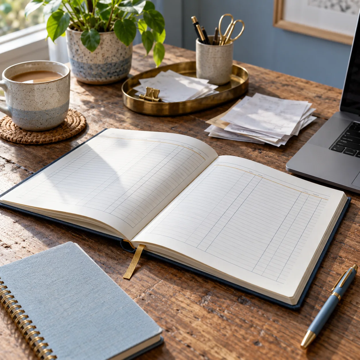 Ledger, notebook and records on a desk