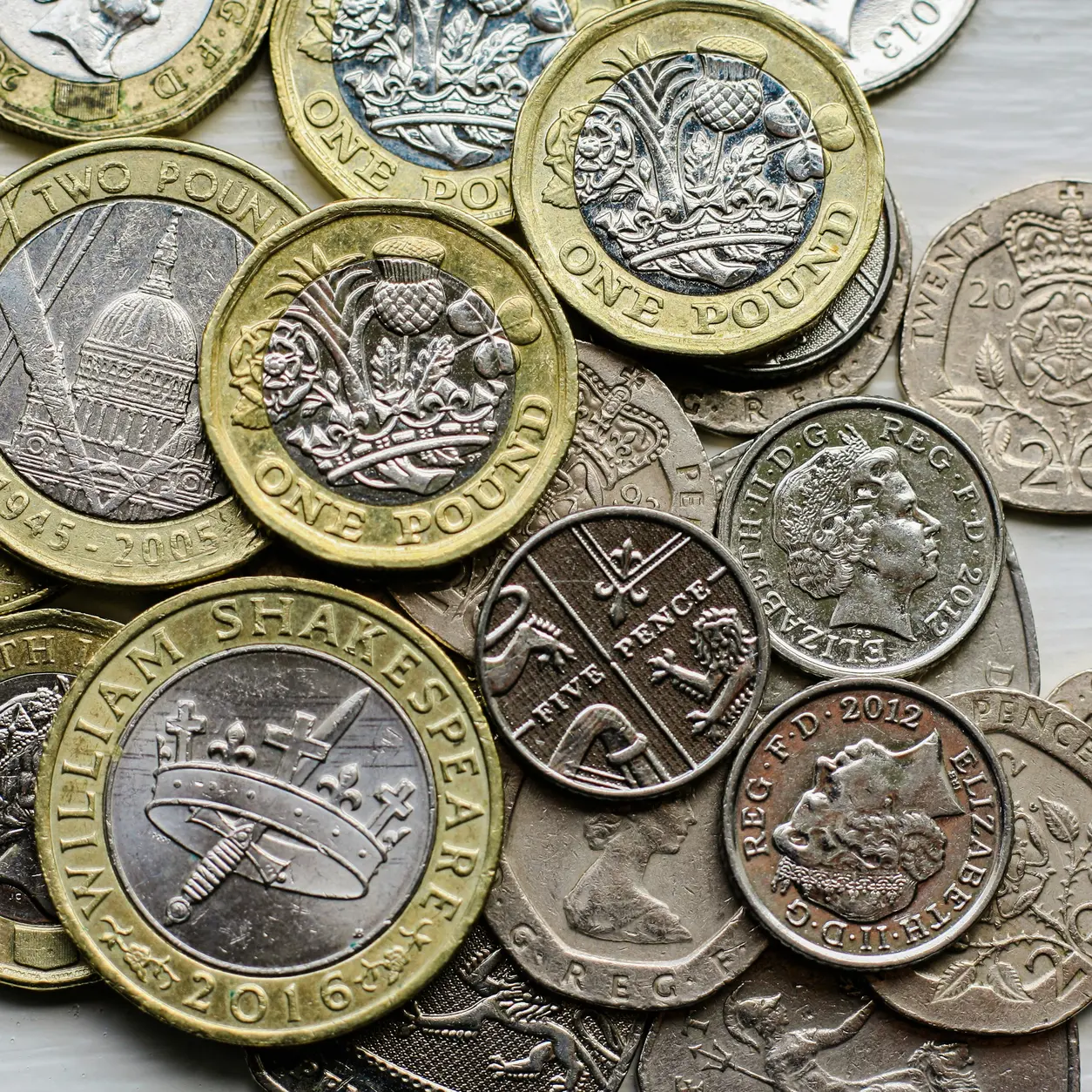 A pile of British pound coins